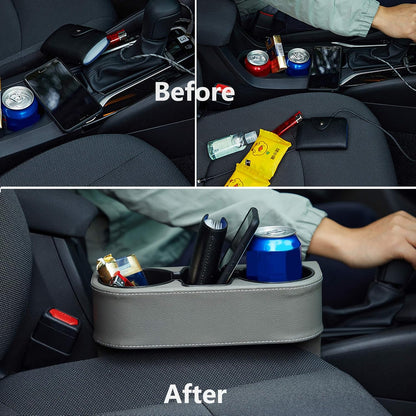 IOKONE Car Cup Holder, Auto Cup Drink Holders，Multifunctional Auto Front Seat Organizer with PU Leather Cover, Gap Filler Storage Box Coin Bucket Console Side Pocket Cell Mobile Phone Holder (Black)