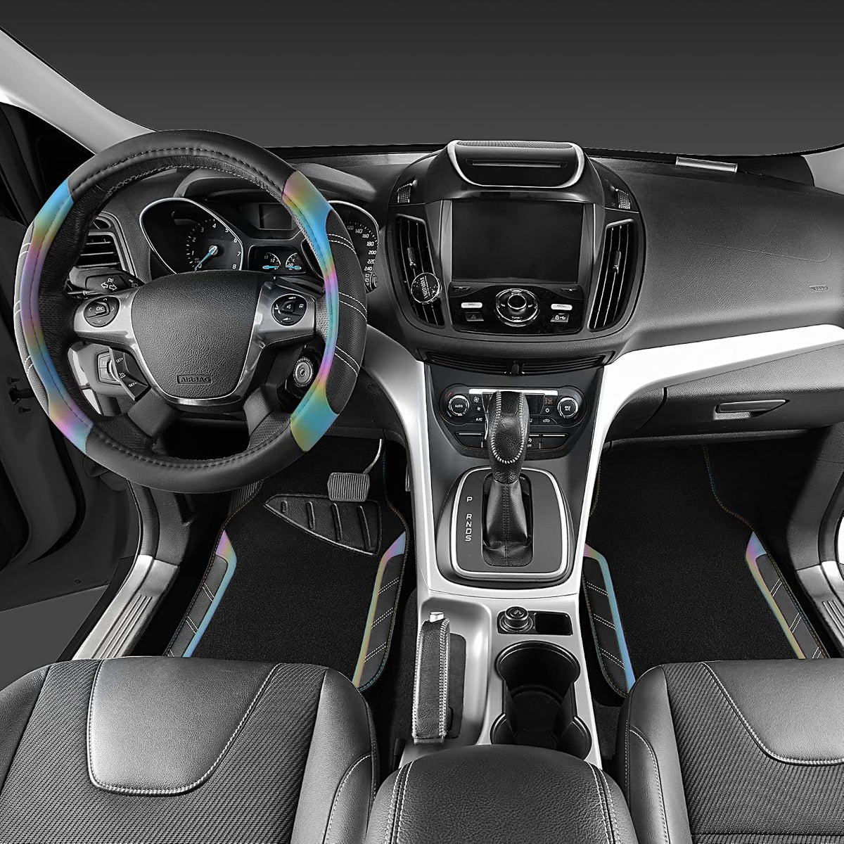 CAR PASS Air Mesh Leather Car Seat Covers Full Set, Waterproof Car Floor Mats, Sporty Steering Wheel Cover 14.5-15in, Universal Fits for 95% Cars Truck SUV (Black and Blue)