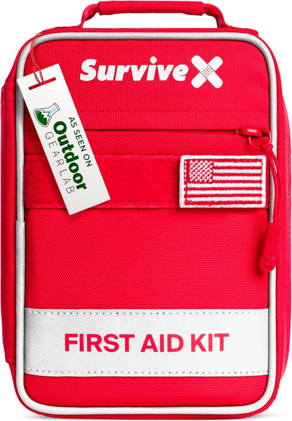 SurviveX Small First Aid Kit for Car, Travel & Home - Emergency Kit for Hiking, Camping, Backpacking and Outdoors - Includes Zip Stitch Wound Closure Strips