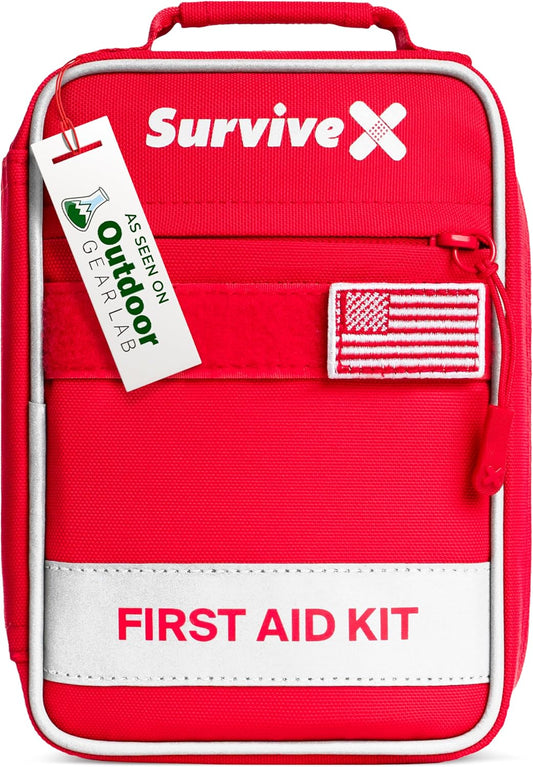 SurviveX Small First Aid Kit for Car, Travel & Home - Emergency Kit for Hiking, Camping, Backpacking and Outdoors - Includes Zip Stitch Wound Closure Strips