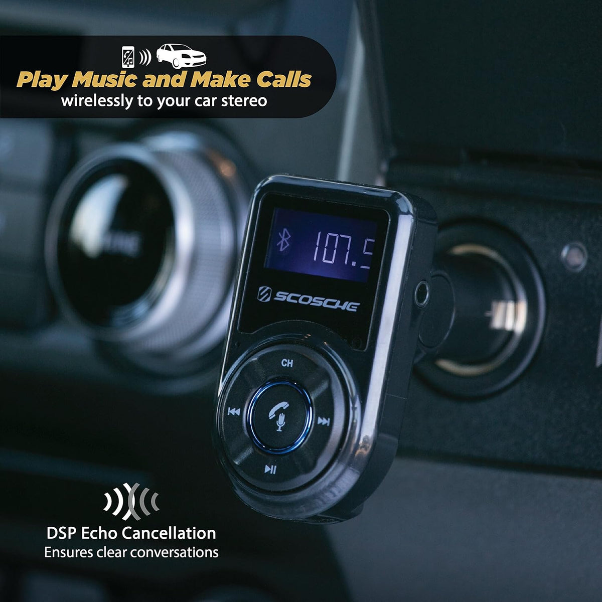 Scosche BTFM9 FM Bluetooth Transmitter Car, Dual 12W USB-C and USB-A Charging Ports, Fast Type C Car Charger, Wireless Radio Bluetooth Adapter, Hands-Free Kit for Calls, Siri and Google Assistant