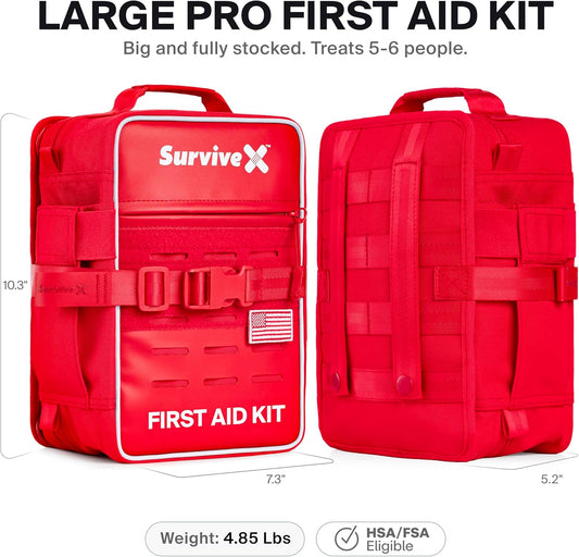 SurviveX Large Pro First Aid Kit for Car, Travel & Home - Emergency Kit for Hiking, Camping, Backpacking and Outdoors - Includes Zip Stitch Wound Closure Strips