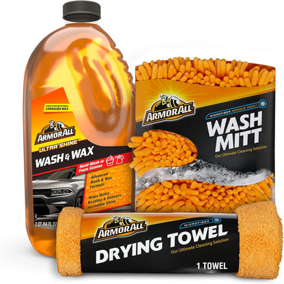 Armor All Car Wash Kit - Complete 3-Piece Car Cleaning Set with Car Wash Soap, Wax, Microfiber Mitt & Drying Towel, Gift for Dad