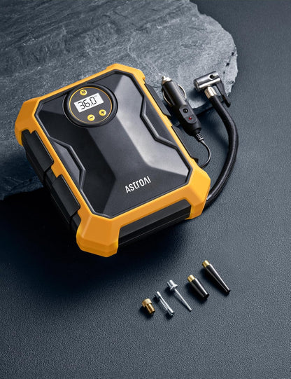 AstroAI Tire Inflator Portable Air Compressor 12V DC 100PSI, Integrated Storage, Digital Gauge, Auto Shut-Off Fast Inflation LED Light, Air Pump for Car Tires Bike Motorcycle Other Inflatables, Yellow