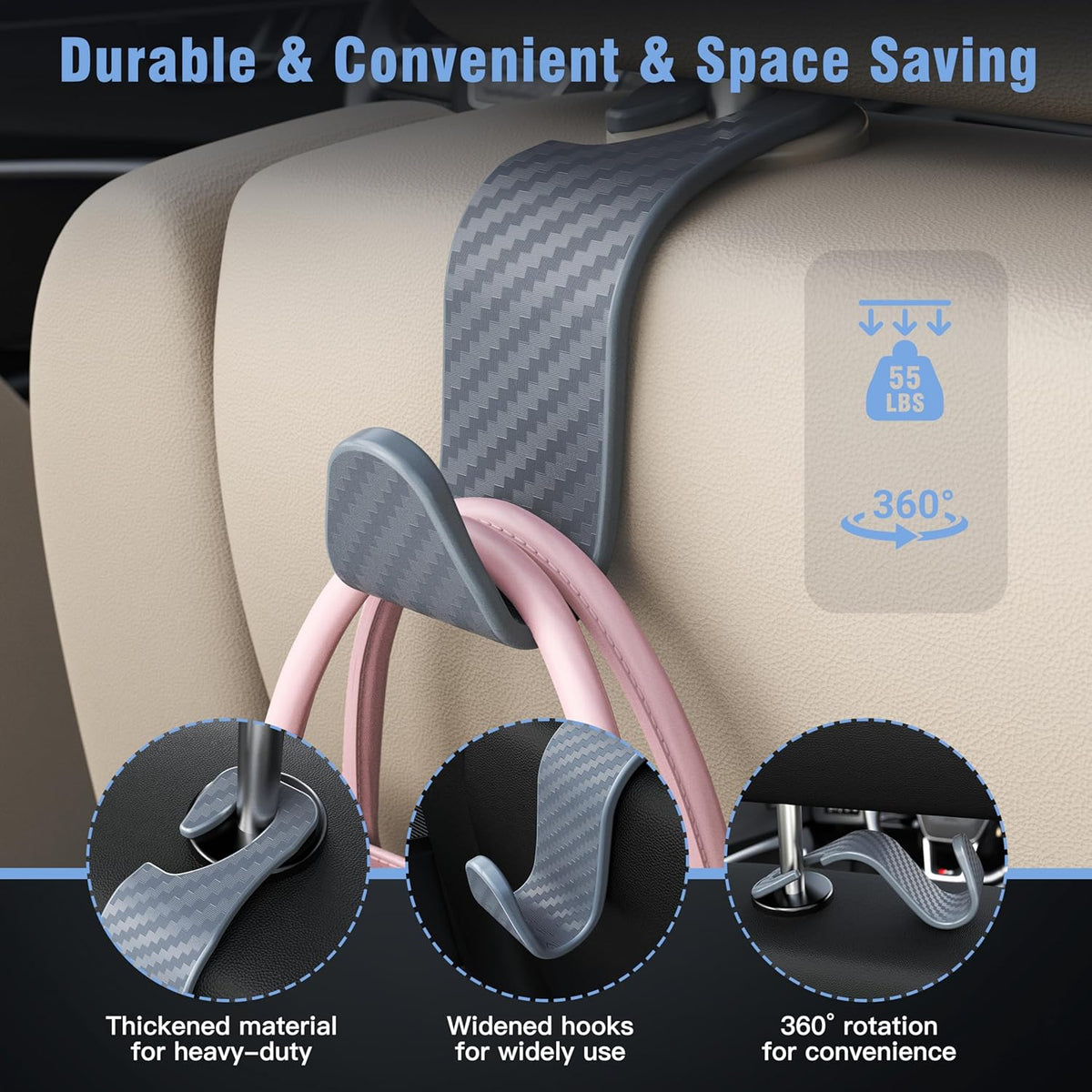 Amooca 4-Pack Car Headrest Hooks Vehicle Storage Organizer for Purses Handbags Groceries Backpack Coats –Holds 55lbs 360° Rotating Black