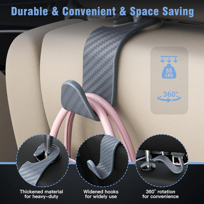 Amooca 4-Pack Car Headrest Hooks Vehicle Storage Organizer for Purses Handbags Groceries Backpack Coats –Holds 55lbs 360° Rotating Black