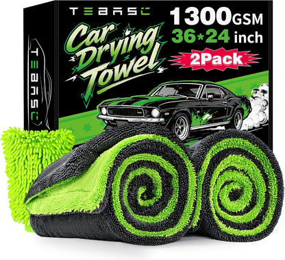 2-Pack Car Drying Towels 24x36 Inch 1300GSM, Twisted Loop Microfiber Cloth for Auto Detailing - Super Absorbent, Lint-Free & Streak-Free for SUV, Truck & Window (Gray-Green)