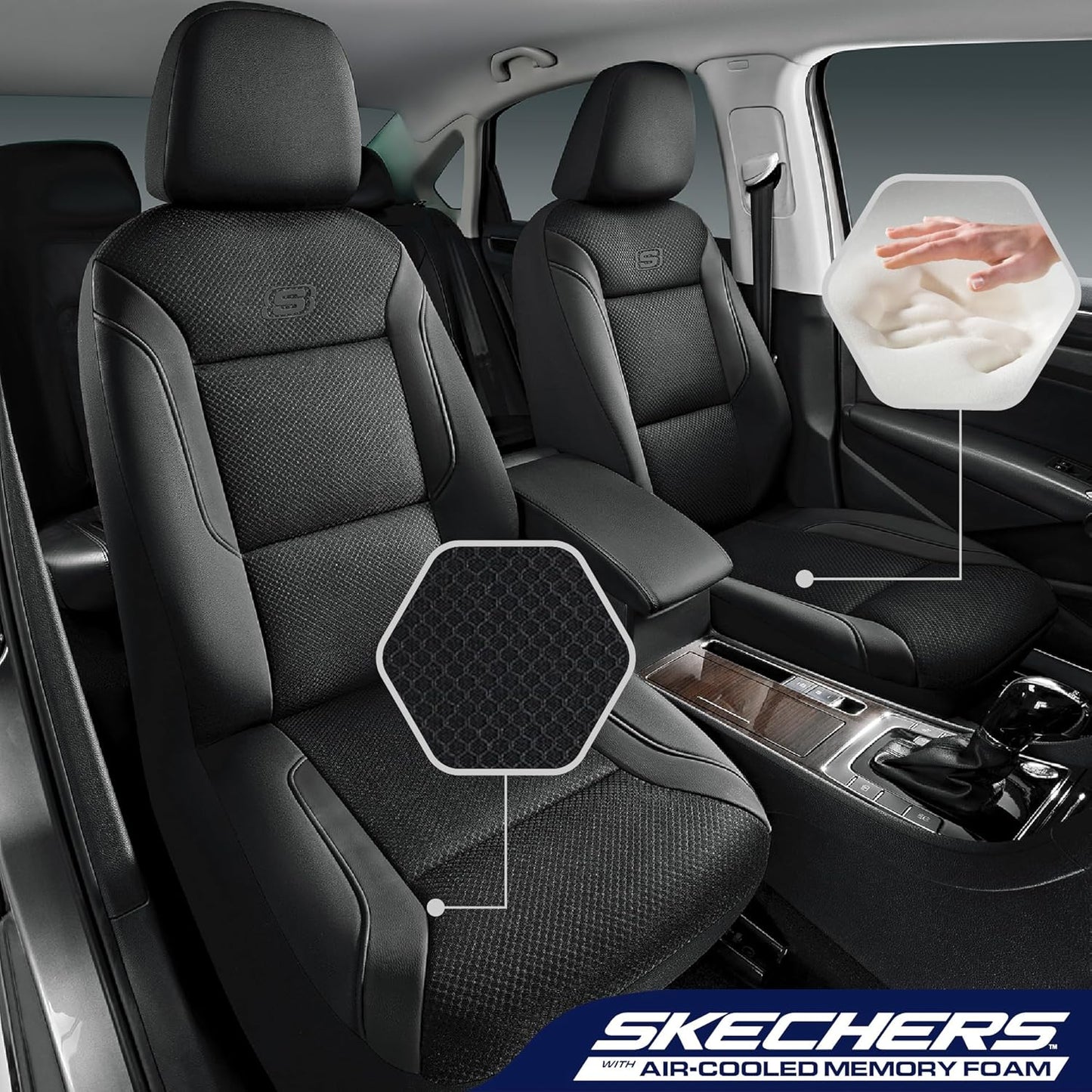 Skechers Memory Foam Seat Covers, Air Cool Mesh Thick Car Seat Covers, Car Seat Covers Front Seats Airbag Compatible, Universal Automotive Comfort for Most Cars, Vans, Trucks, SUV,Black