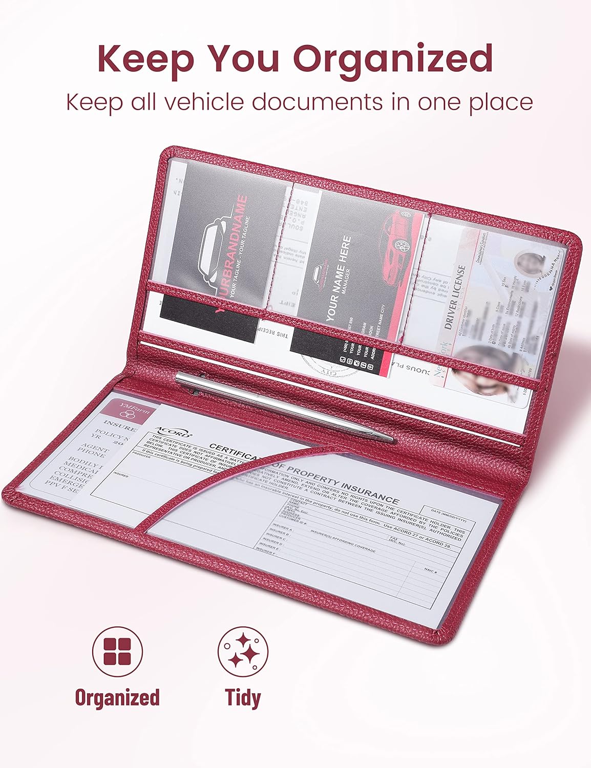 Yarnic Car Registration and Insurance Holder, Pu Leather Car Registration and Insurance Card Holder Car Document Holder for Cards, Essential Document, Driver License (Pink)