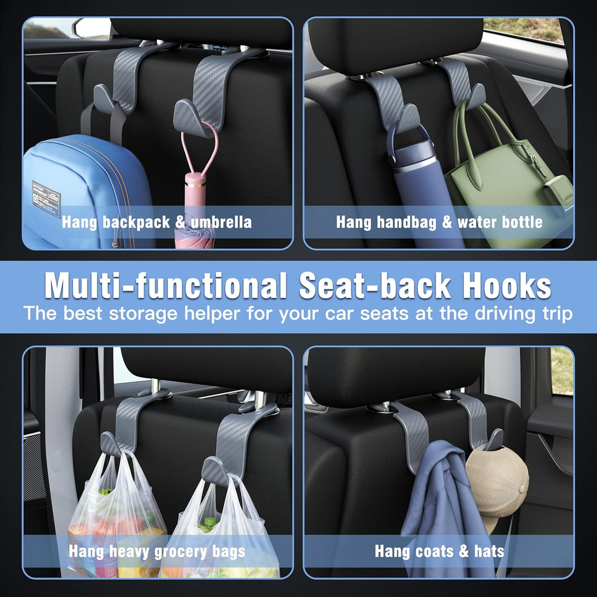 Amooca 4-Pack Car Headrest Hooks Vehicle Storage Organizer for Purses Handbags Groceries Backpack Coats –Holds 55lbs 360° Rotating Black
