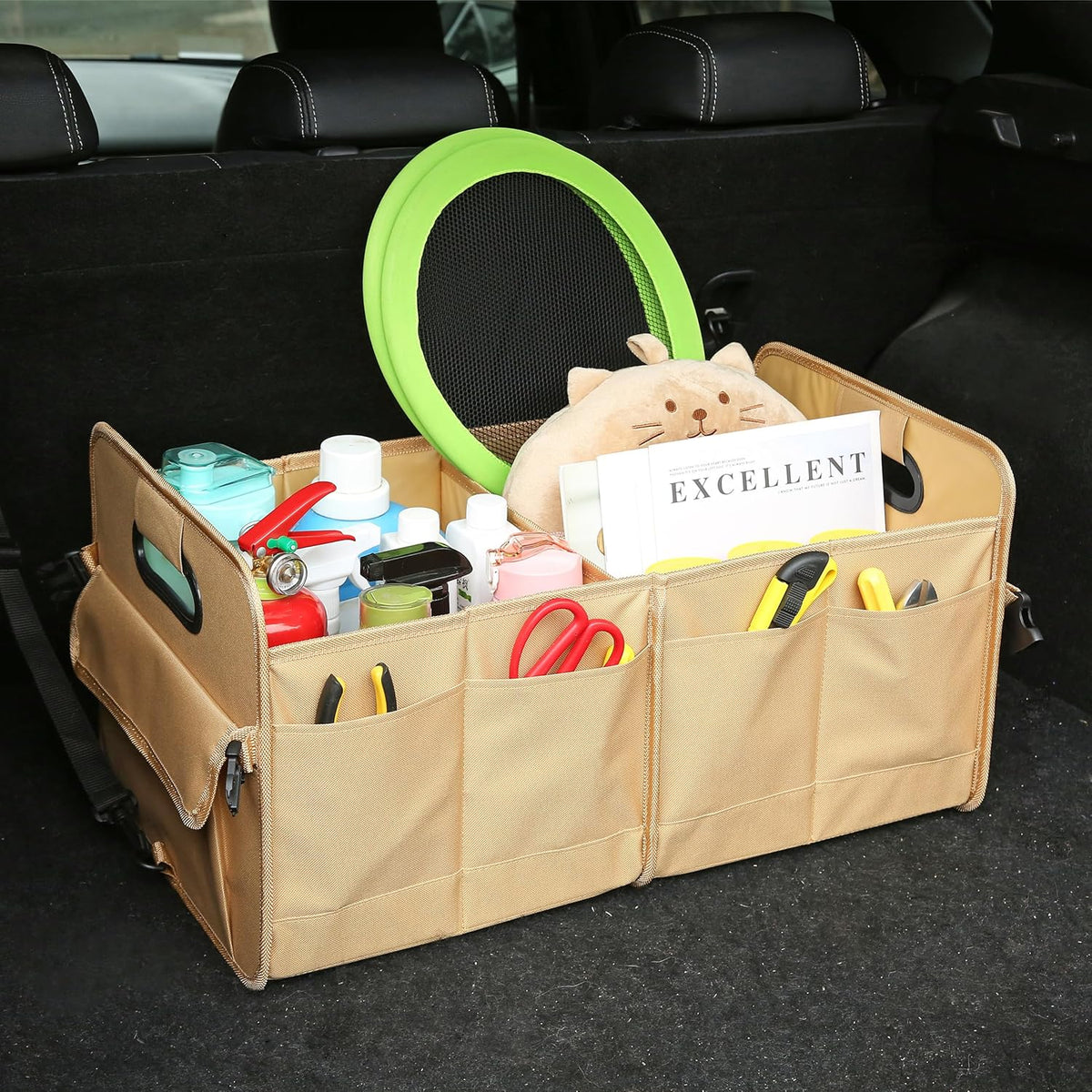 AOKJOY Car Trunk Organizer Car Storage Organizer Collapsible Multi Compartment Car Organizer Adjustable Straps for SUV(Beige)