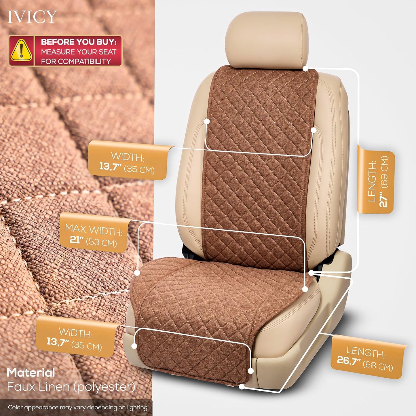 IVICY Faux Linen Front Car Seat Cover – Non-Slip Bucket Seat Protector for Most Cars, SUVs, Vans & Trucks – 1 Seat Cover, Machine Washable, Side-Airbag Friendly, Light Beige