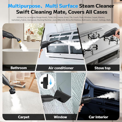 Pressurized Handheld Steam Cleaner 2500W, 54oz Large-Capacity Steamer with 3-Level Adjustable Steam, 15s Heat-Up & 15Pcs Accessories – for Car, Tile, Grout, Couch, Floor, Bed, Dirt, Furniture
