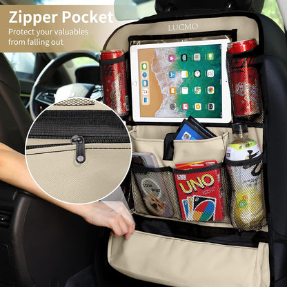 LUCMO Car Backseat Organizer with Tablet Holder,6 Storage Pockets Car Storage Organizer with Foldable Food Tray,Protectors Kick Mats Travel Accessories-Black