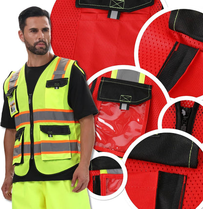 JKSafety Hi Vis Reflective Safety Vests for Men Women High Visibility Vest with Pockets Mesh Fabric Construction Safety Apparel Neon Vest for Work (220-Black L)