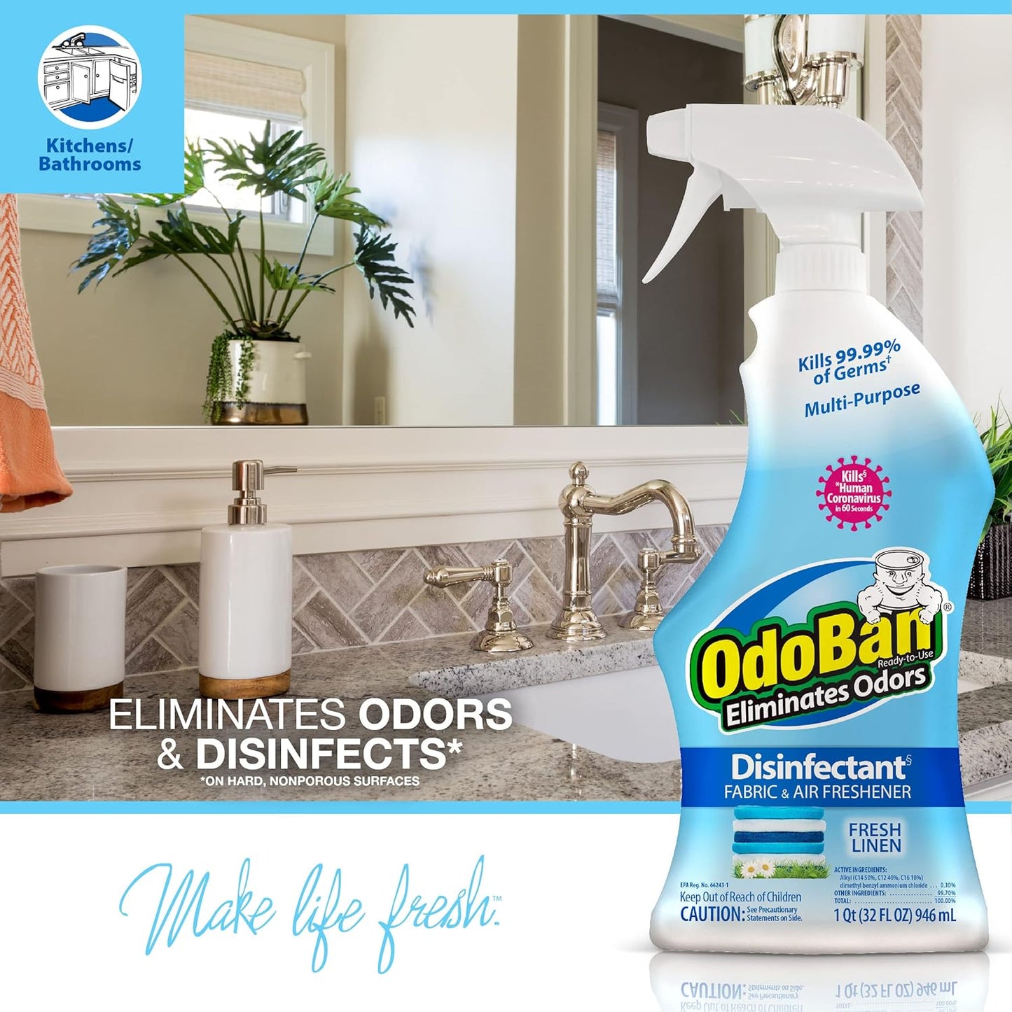 OdoBan Ready-to-Use Disinfectant and Odor Eliminator, 32 Ounce Spray Bottle, Original Eucalyptus Scent