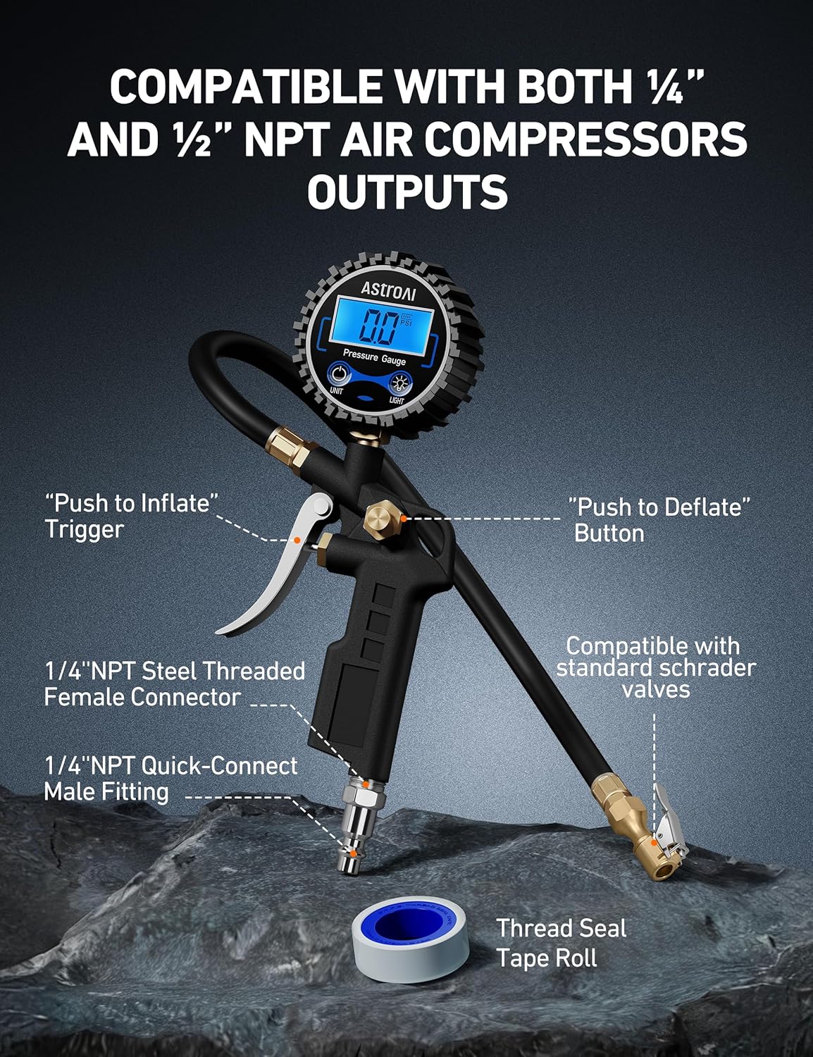 AstroAI Digital Tire Pressure Gauge with Inflator, 3-250 PSI Air Chuck & Compressor Accessories Heavy Duty with Quick Connect Coupler, 0.1 Display Resolution, 1Pack Standard