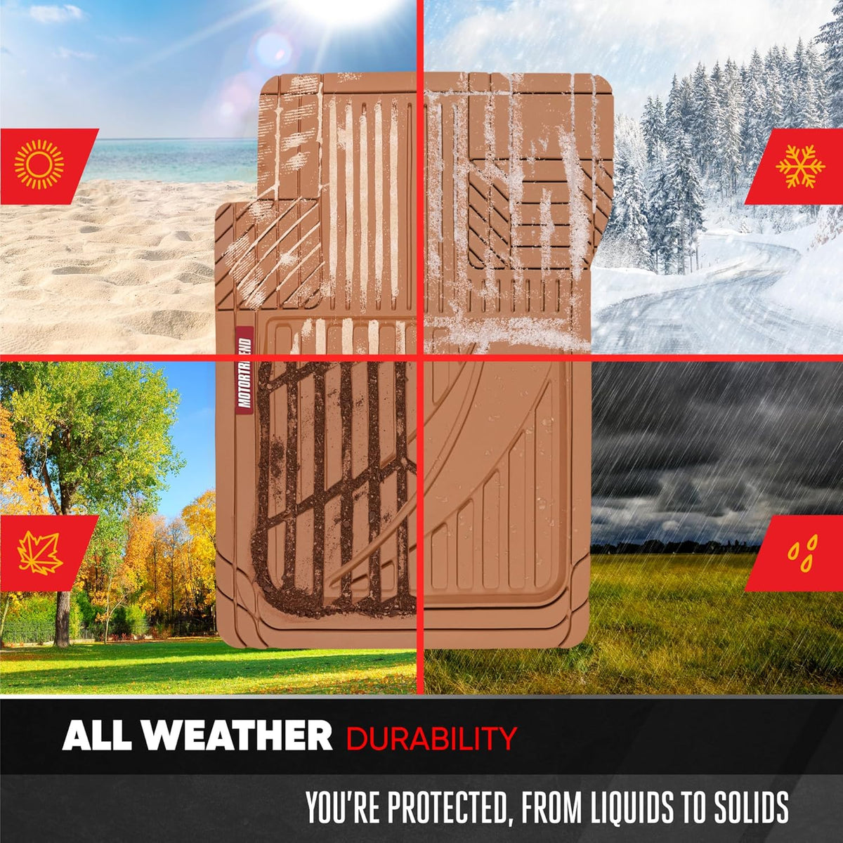 Motor Trend FlexTough Advanced Heavy Duty Beige Rubber Car Floor Mats & Cargo Liner for SUV & Car Full Set - Universal Trim to Fit All Weather Automotive Floor Mat & Cargo Liners for SUV, Car, & Van