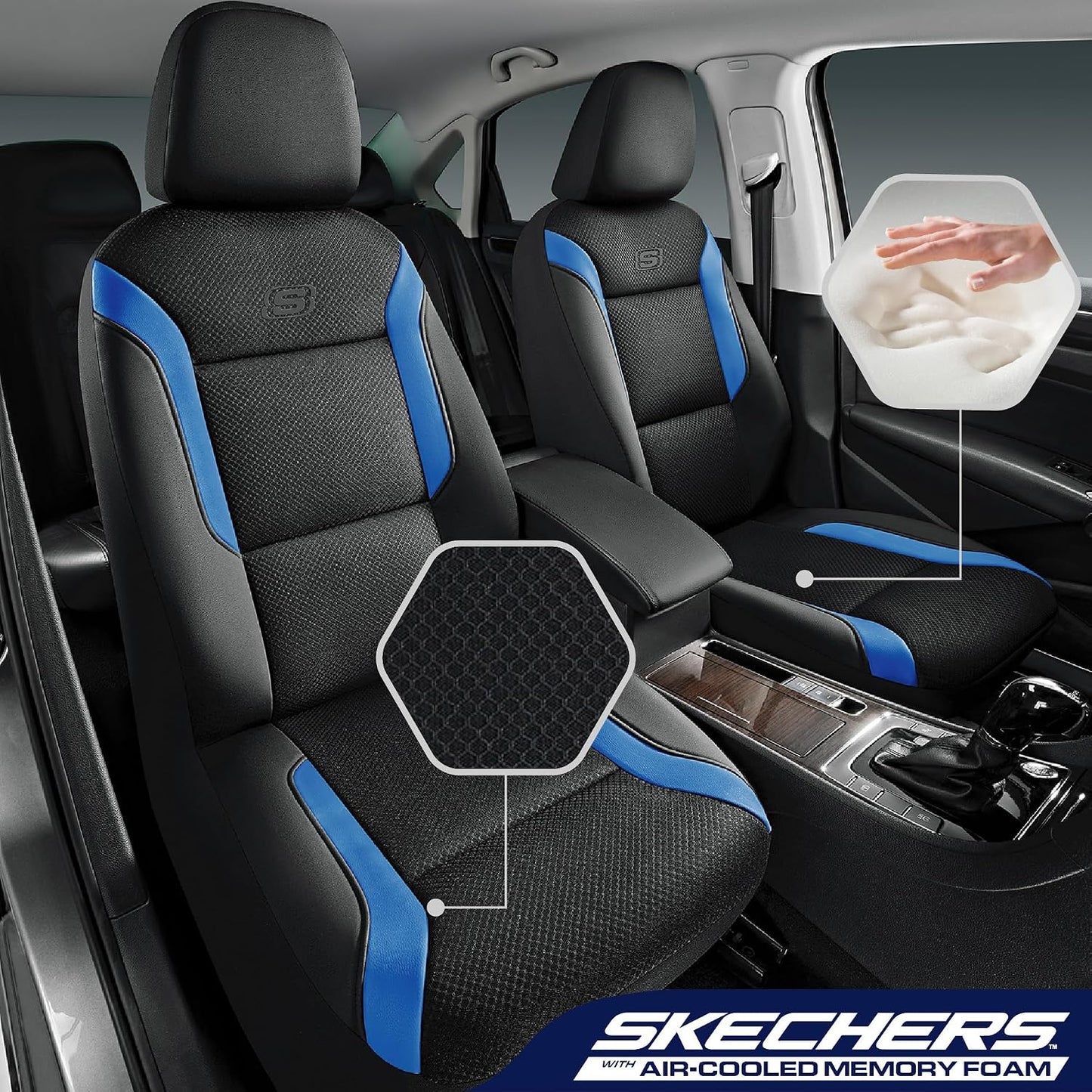 Skechers Memory Foam Seat Covers, Air Cool Mesh Thick Car Seat Covers, Car Seat Covers Front Seats Airbag Compatible, Universal Automotive Comfort for Most Cars, Vans, Trucks, SUV,Black