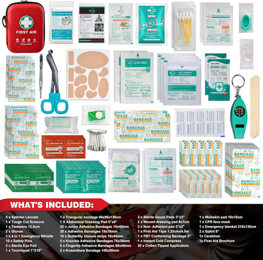 General Medi First Aid Kit - 170 Pieces Hard Case and Lightweight - Great for Travel, Home, Office, Vehicle, Camping, Workplace & Outdoor (Red)