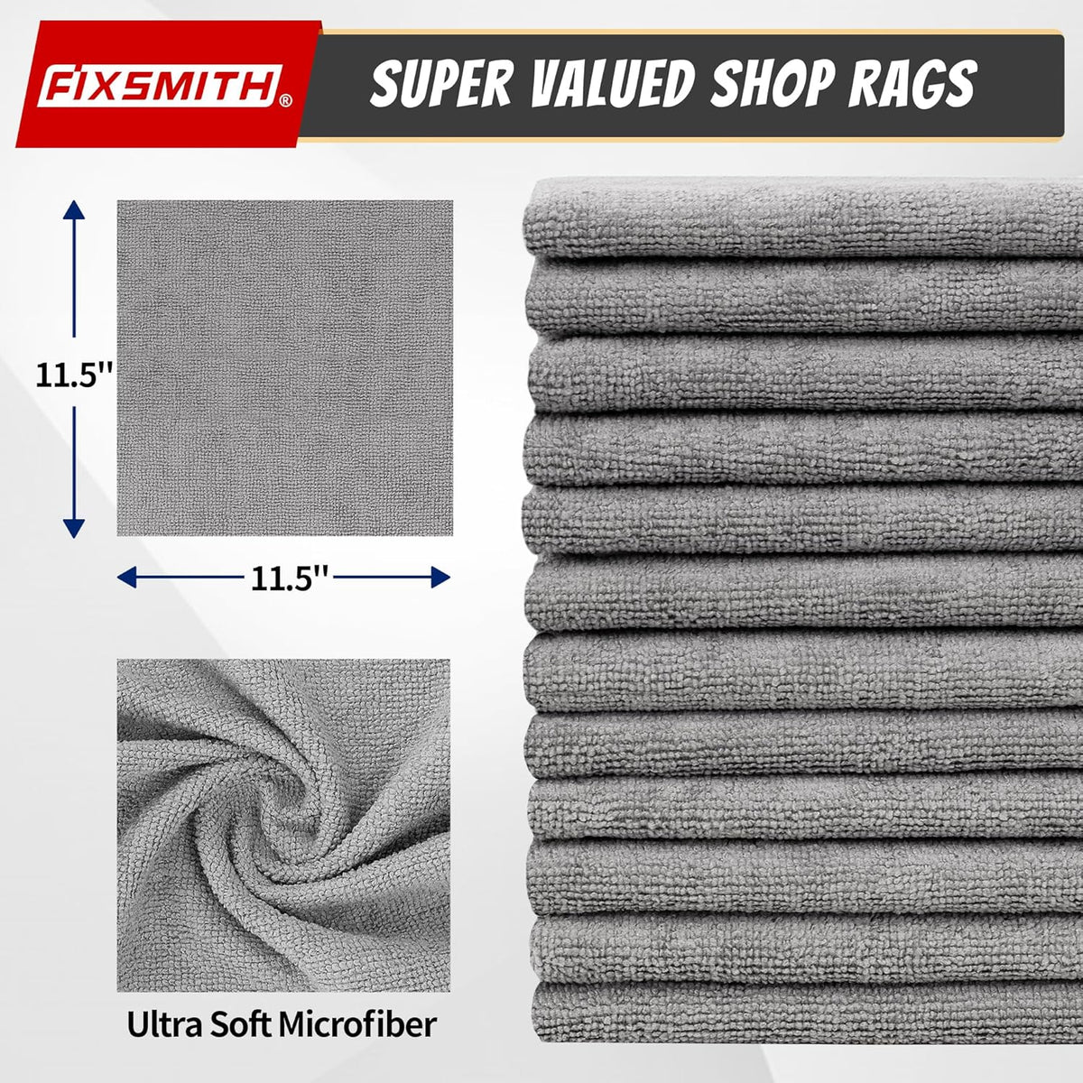 FIXSMITH Shop Towels, Pack of 200, Grey Microfiber Cleaning Cloth Bulk, Microfiber Towels for Cars, All-Purpose Absorbent Cleaning Rags, Dust Cloth for Automotive, Mechanic, Garage, 11.5 x 11.5 inch