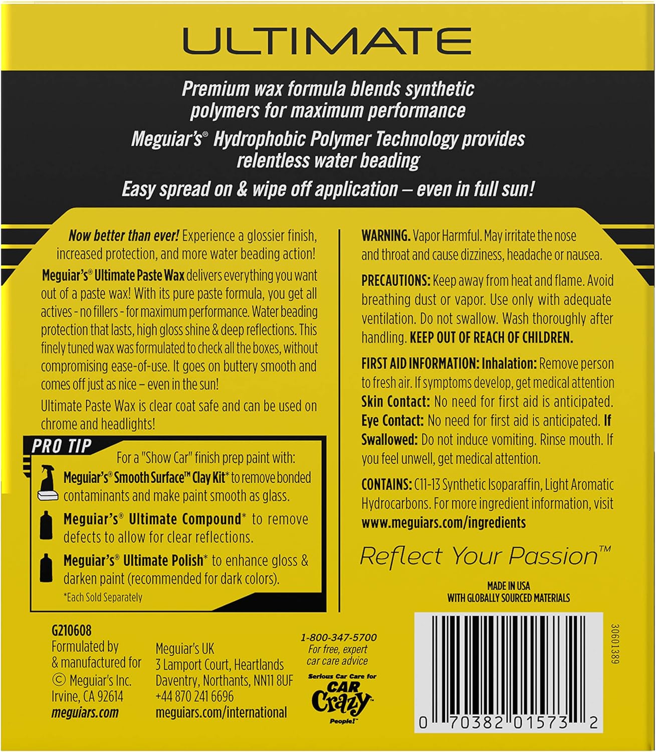 Meguiar's Ultimate Paste Wax, Premium Car Wax for a Deep Gloss with Lasting Protection, Easy to Apply and Remove, Clear Coat Safe, Microfiber Towel and Applicator Included, 8 Oz Paste