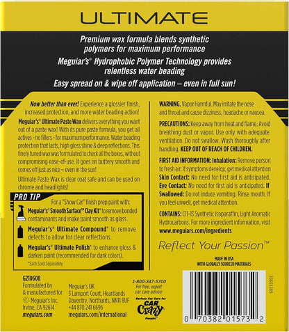 Meguiar's Ultimate Paste Wax, Premium Car Wax for a Deep Gloss with Lasting Protection, Easy to Apply and Remove, Clear Coat Safe, Microfiber Towel and Applicator Included, 8 Oz Paste