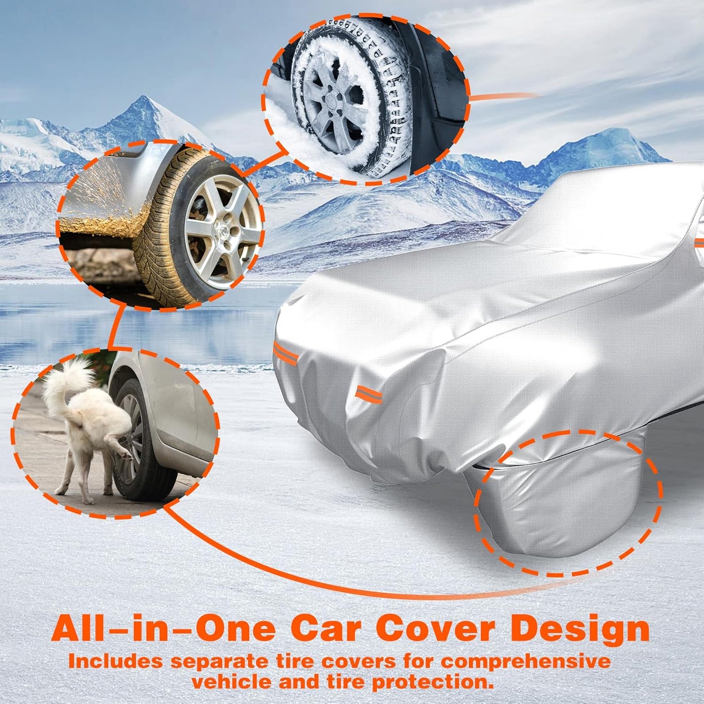 iCOVER Car Cover, Waterproof All Weather Car Covers for Honda Civic Toyota Corolla Chevy Cruze Kia Forte, Outdoor Full Exterior Cover with Detachable Tire Covers, Car Cover for Sedan, Fits up to 193"