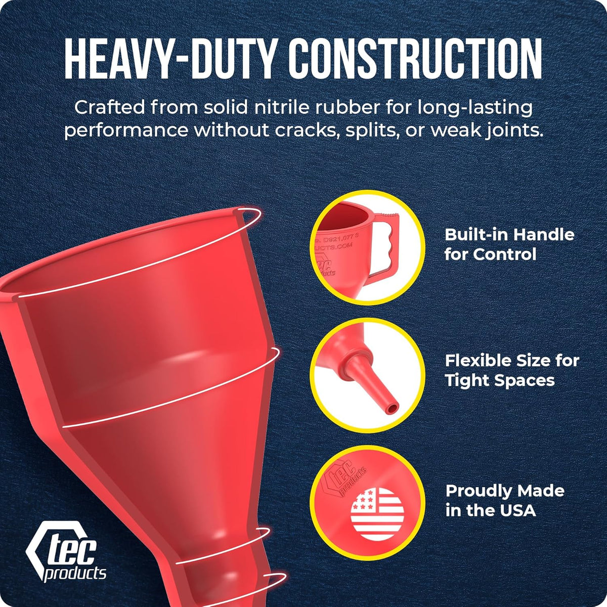TEC Products FlexAll Short Neck Funnel - Flexible Funnel w/Hose, Durable Nitrile Rubber Automotive Funnels - Oil Change Tool for Transmission Fluid, Diesel, Gas - USA Made - Large (11 x 5.73 Inches)