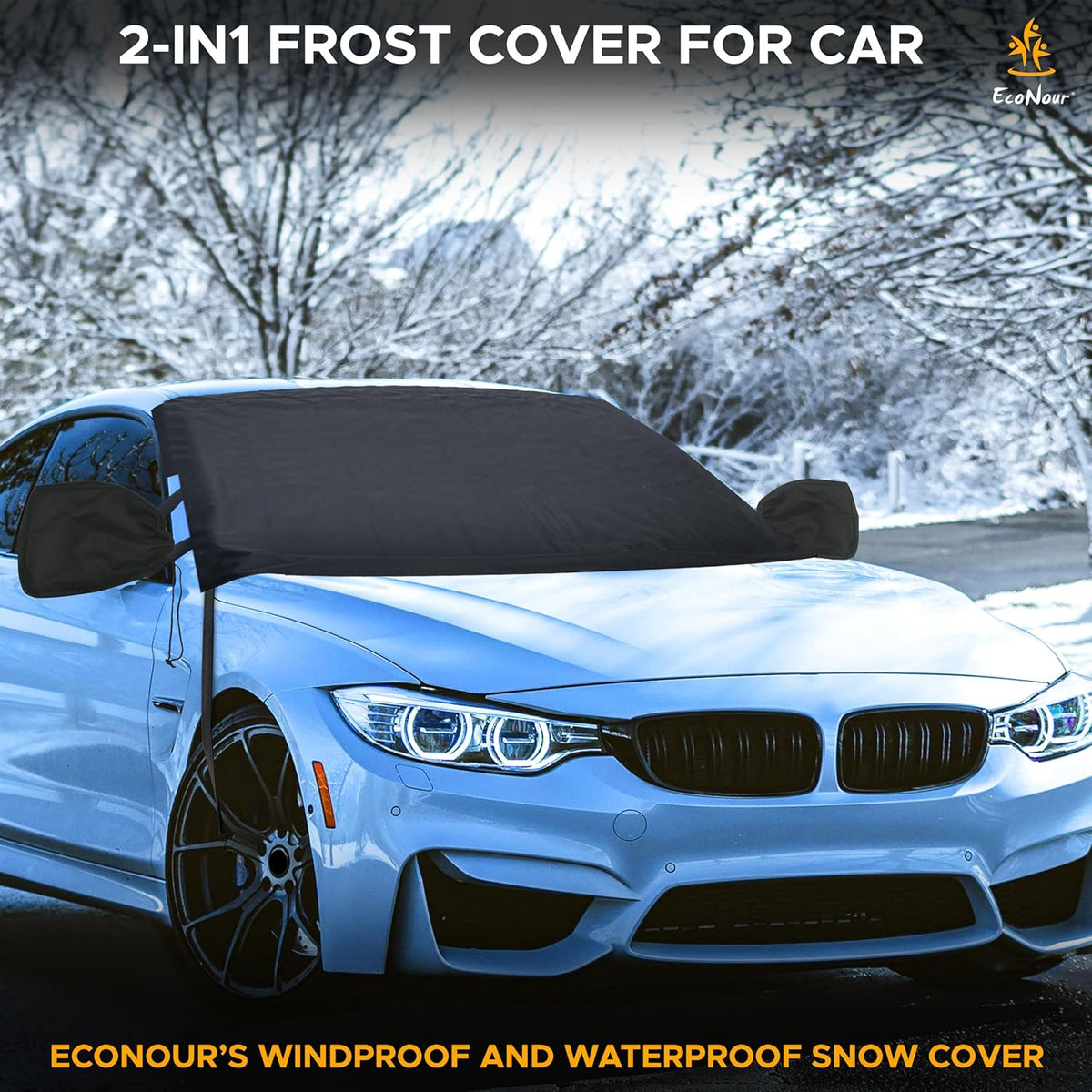 EcoNour Windshield Cover for Ice and Snow - Universal Fit for Car, SUV, Truck, Heavy Duty 600D Oxford Fabric Frost Protector for Ice & Sleet, Includes Anti-Theft Straps, Medium (69"x42")