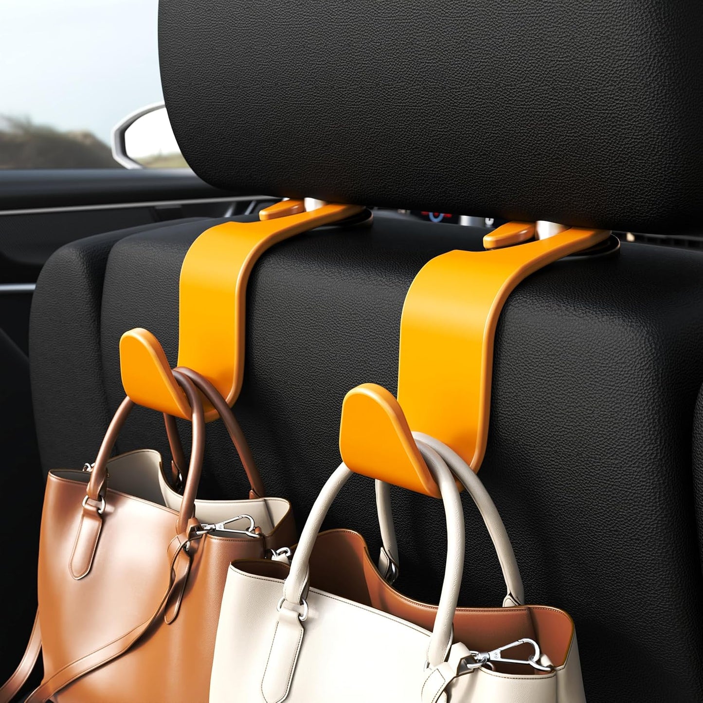 Amooca 4-Pack Car Headrest Hooks Vehicle Storage Organizer for Purses Handbags Groceries Backpack Coats –Holds 55lbs 360° Rotating Black