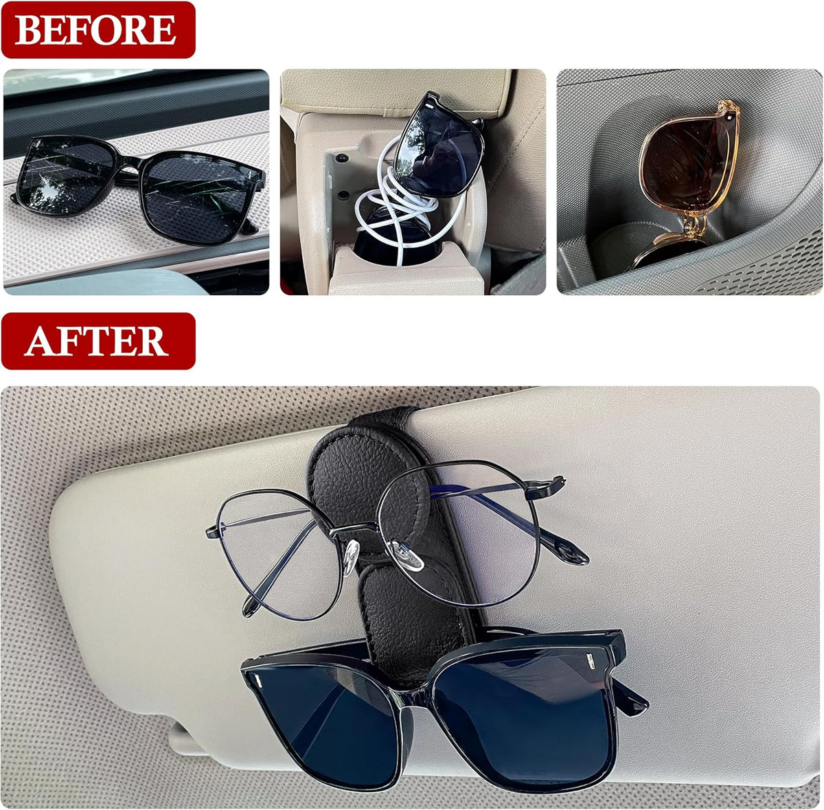 KIWEN Sunglasses Holder for Car Visor, Magnetic Leather Sunglass Eyeglass Hanger Clip for Car Sun Visor Accessories (1, Black)