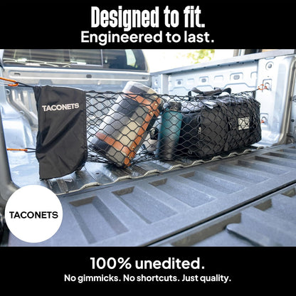 TacoNets Envelope Cargo Net for GMC Sierra & Chevy Silverado - Fits 2013-Current - Upgraded 5mm Bungee - Integrated Storage Bag - Heavy Duty Carabiners - Designed in USA