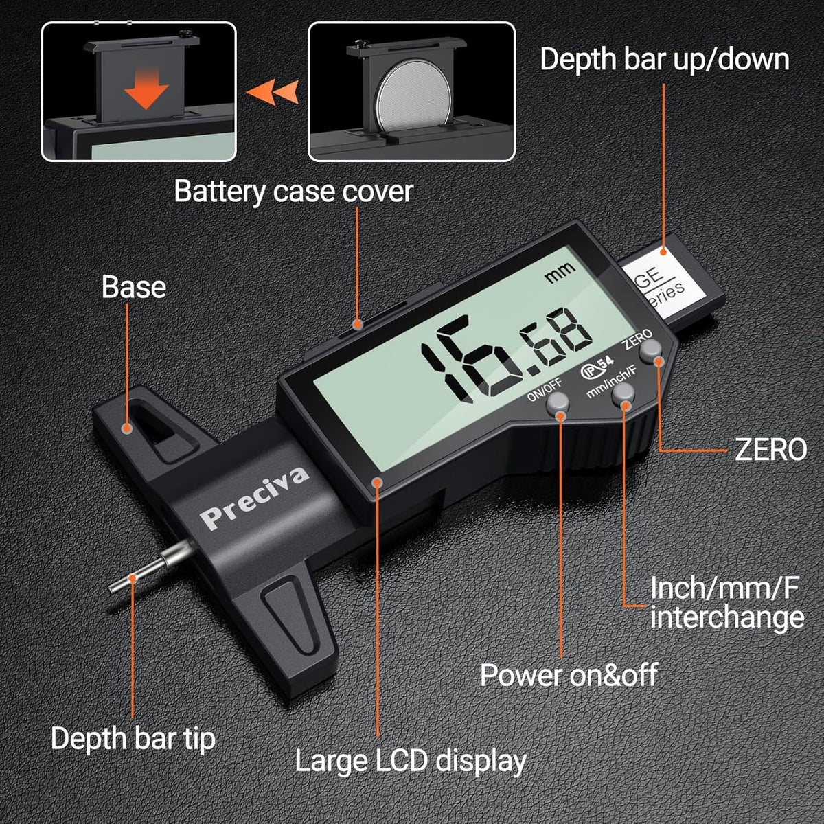 Preciva Tire Tread Depth Gauge, Digital Tire Depth Gauge with Large LCD Display and Inches, Millimeters, Fraction Conversion, Tread Depth Gauge Suitable for Thread Depth, Brake Shoe and Pad Wear