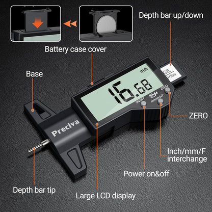 Preciva Tire Tread Depth Gauge, Digital Tire Depth Gauge with Large LCD Display and Inches, Millimeters, Fraction Conversion, Tread Depth Gauge Suitable for Thread Depth, Brake Shoe and Pad Wear