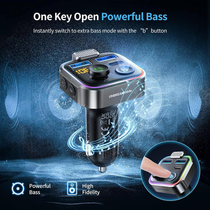 UNBREAKcable Bluetooth 5.3 FM Transmitter for Car, [PD 20W + QC 3.0] [Stronger Microphone & HiFi Bass Sound] Cigarette Lighter Radio Music Adapter Charger, Supports Hands-Free Siri Google Assistant