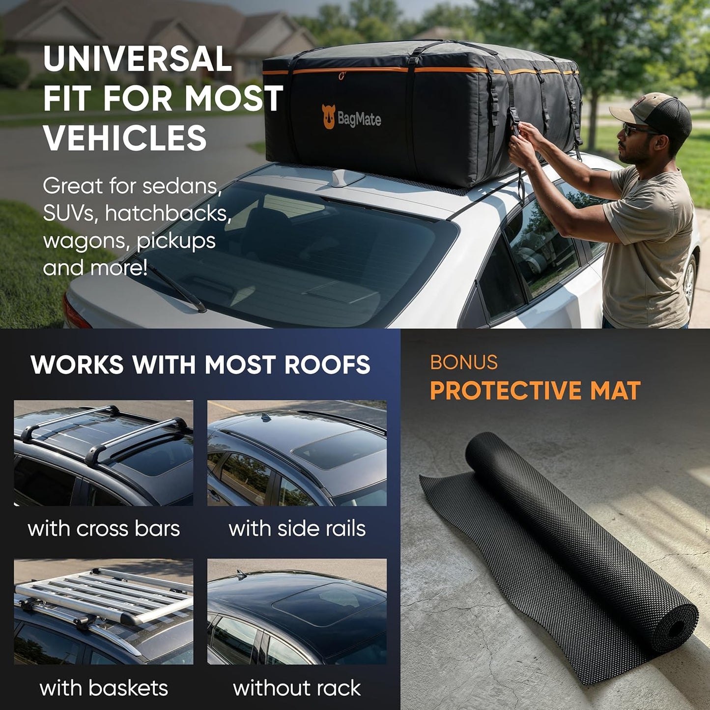 19 Cubic Feet Roof Bag – Safety Tested Heavy-Duty Waterproof Rooftop Cargo Carrier for All Cars & SUVs (with or Without Rack) – Includes Protective Mat & Storage Bag – Military-Grade 840D PVC