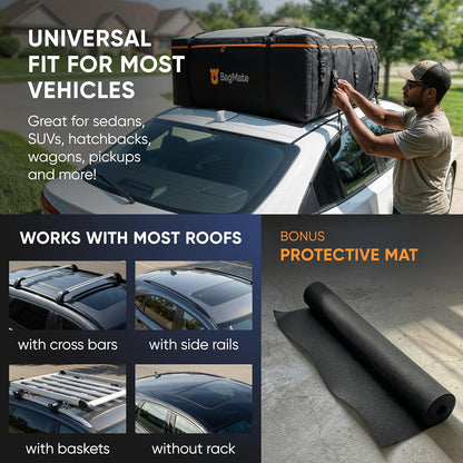 19 Cubic Feet Roof Bag – Safety Tested Heavy-Duty Waterproof Rooftop Cargo Carrier for All Cars & SUVs (with or Without Rack) – Includes Protective Mat & Storage Bag – Military-Grade 840D PVC