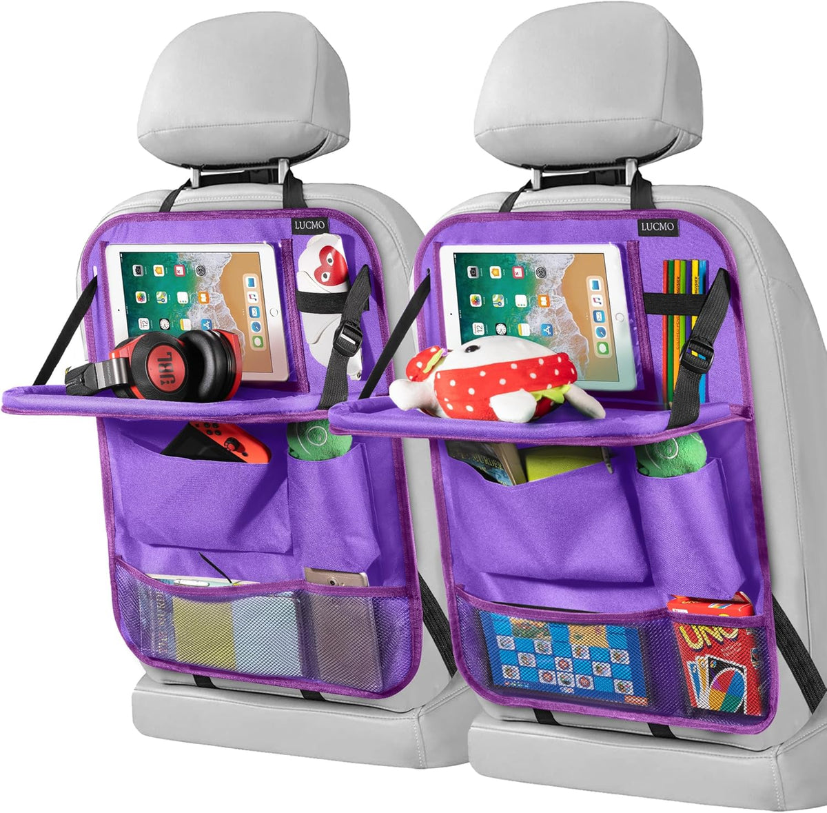 LUCMO Car Backseat Organizer with Tablet Holder,6 Storage Pockets Car Storage Organizer with Foldable Food Tray,Protectors Kick Mats Travel Accessories-Black