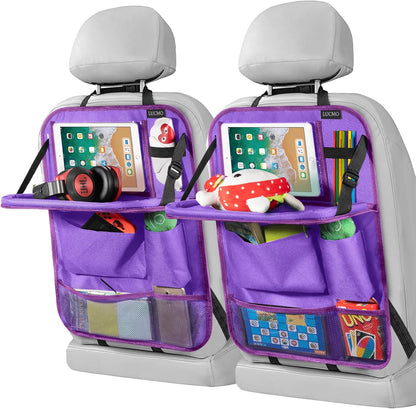 LUCMO Car Backseat Organizer with Tablet Holder,6 Storage Pockets Car Storage Organizer with Foldable Food Tray,Protectors Kick Mats Travel Accessories-Black