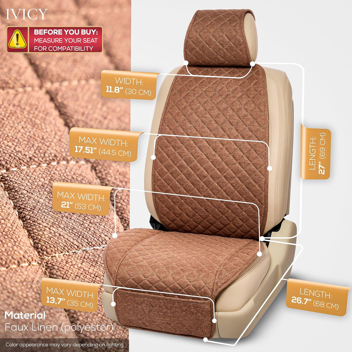 IVICY Faux Linen Front Car Seat Cover – Non-Slip Bucket Seat Protector for Most Cars, SUVs, Vans & Trucks – 1 Seat Cover, Machine Washable, Side-Airbag Friendly, Light Beige