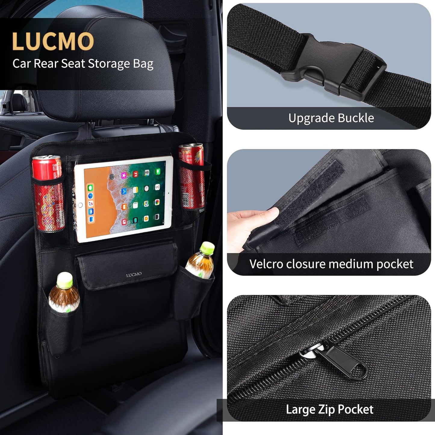 LUCMO Car Backseat Organizer with Tablet Holder,6 Storage Pockets Car Storage Organizer with Foldable Food Tray,Protectors Kick Mats Travel Accessories-Black