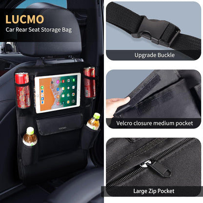 LUCMO Car Backseat Organizer with Tablet Holder,6 Storage Pockets Car Storage Organizer with Foldable Food Tray,Protectors Kick Mats Travel Accessories-Black