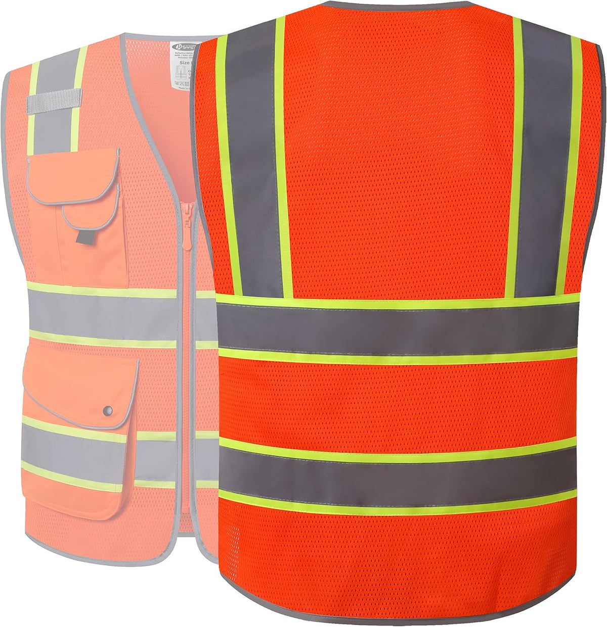 JKSafety 9 Pockets Class 2 High Visibility Zipper Front Safety Vest With Reflective Strips,Meets ANSI/ISEA Standard (Large, 150-Yellow) - Colors A