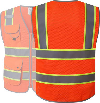 JKSafety 9 Pockets Class 2 High Visibility Zipper Front Safety Vest With Reflective Strips,Meets ANSI/ISEA Standard (Large, 150-Yellow) - Colors A
