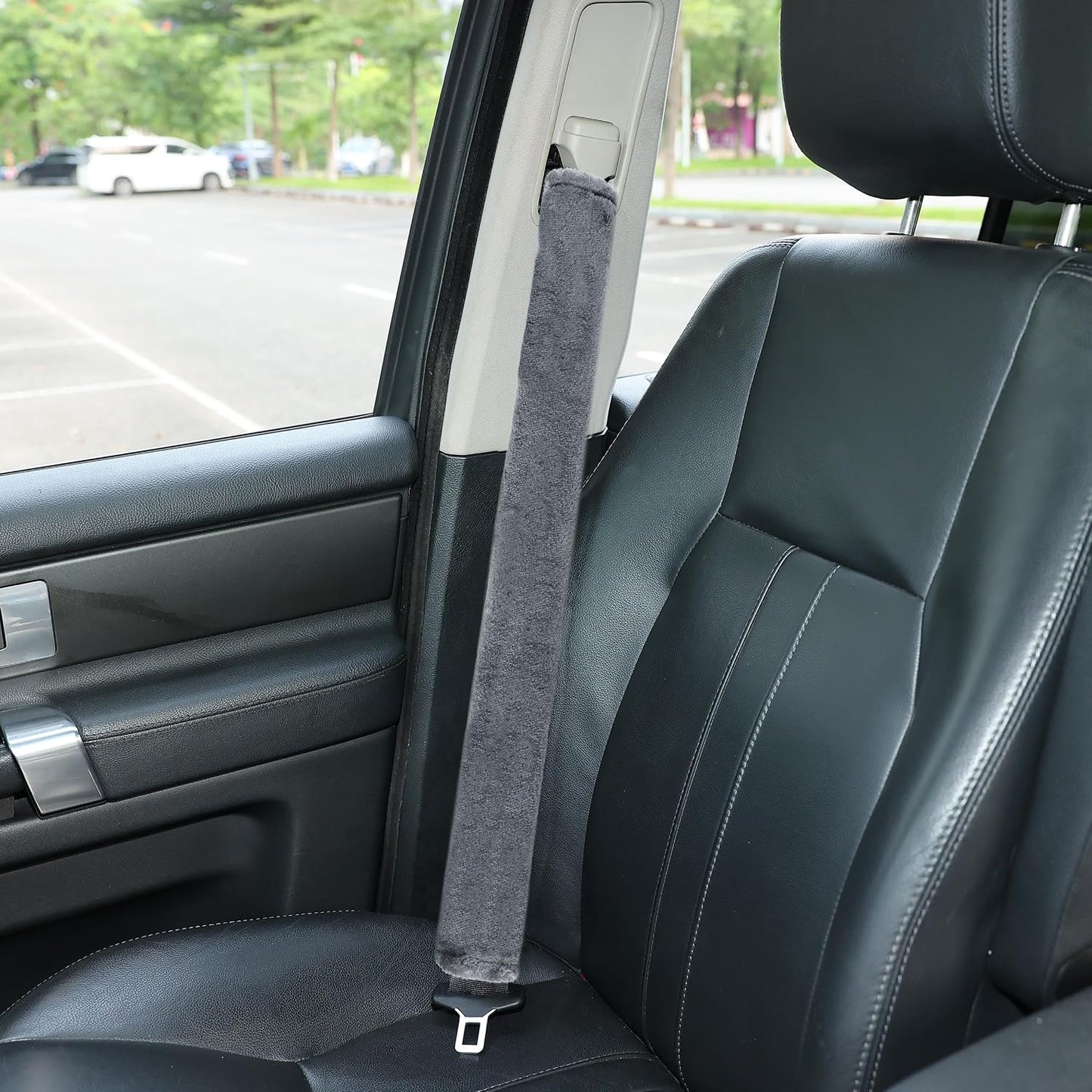 Amooca Soft Faux Fur Universal Fit Seatbelt Cover Car Truck SUV Airplane Seat Belt Shoulder Pad for Carmera Backpack Straps Neck Cushion Protector 2 Pack 10.5in Dark Gray
