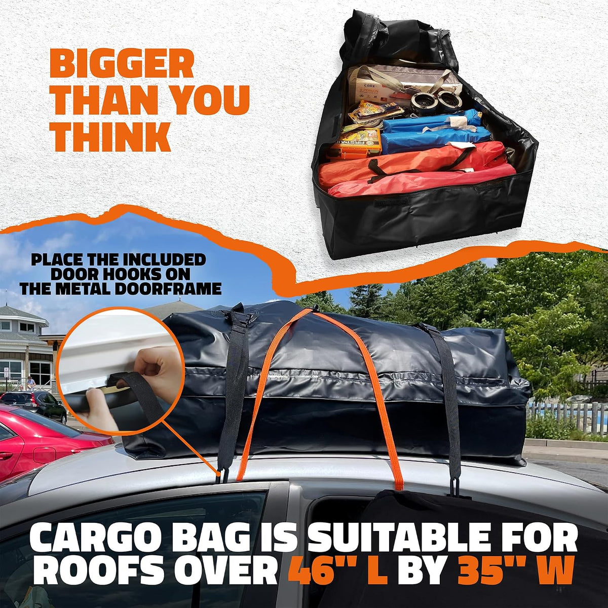 Mockins 16 Cu Ft Weatherproof No Rack Rooftop Cargo Carrier Bag 45"x34"x18" | Rooftop Cargo Bag for Top of Car | Car Topper Luggage Carrier Waterproof Set w/ Accessories | Vehicle Soft-Shell Carriers