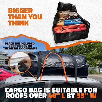 Mockins 16 Cu Ft Weatherproof No Rack Rooftop Cargo Carrier Bag 45"x34"x18" | Rooftop Cargo Bag for Top of Car | Car Topper Luggage Carrier Waterproof Set w/ Accessories | Vehicle Soft-Shell Carriers