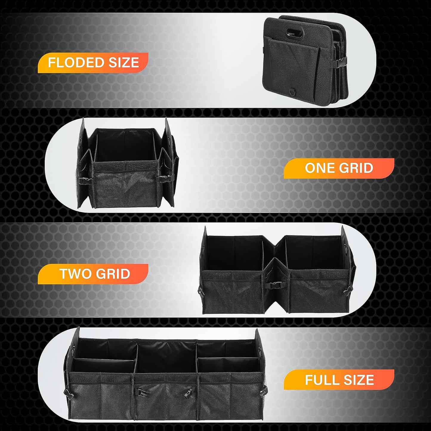 YSSOA Car Trunk Organizer, 2 Compartments Anti-slip 14" D x 22" W x 12" H Collapsible Trunk Storage, 600D Oxford Polyester Car Storage, Suitable for SUV, Minivan, Truck, Black