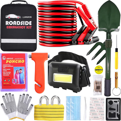 142 PCS Emergency Roadside Kit for Car ,Safety Car Kit with Jumper Cables | Roadside Assistance Emergency Kit Warning Triangle, Safety Hammer, Tow Rope, Car Emergency Kit Gifts for New Drivers